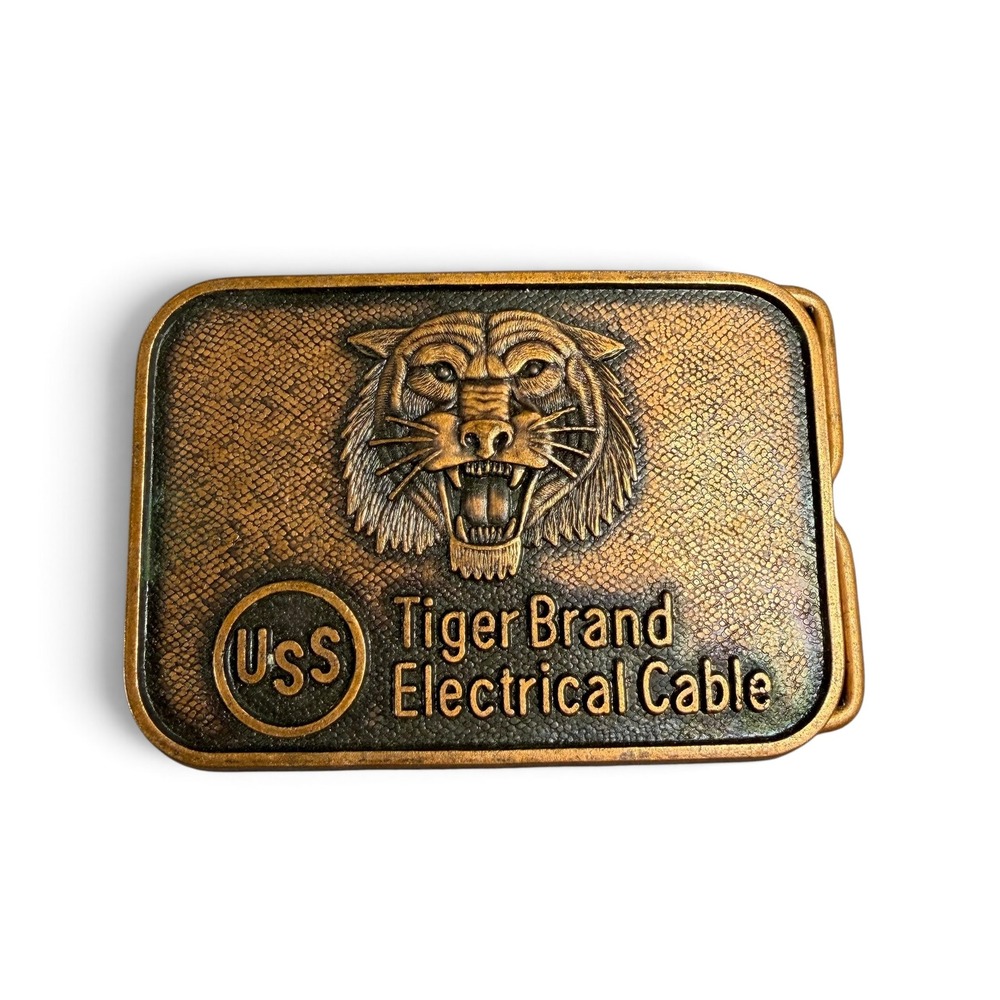 Vintage USS Tiger Brand Electrical Cable Belt Buckle Brass Tone Tiger Head Logo